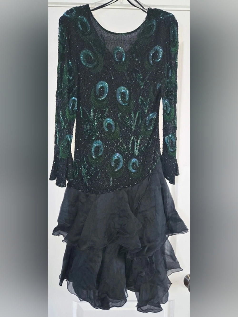 1980's Vintage Serenade Black & Green Sequin Beaded Party Dress Size M
